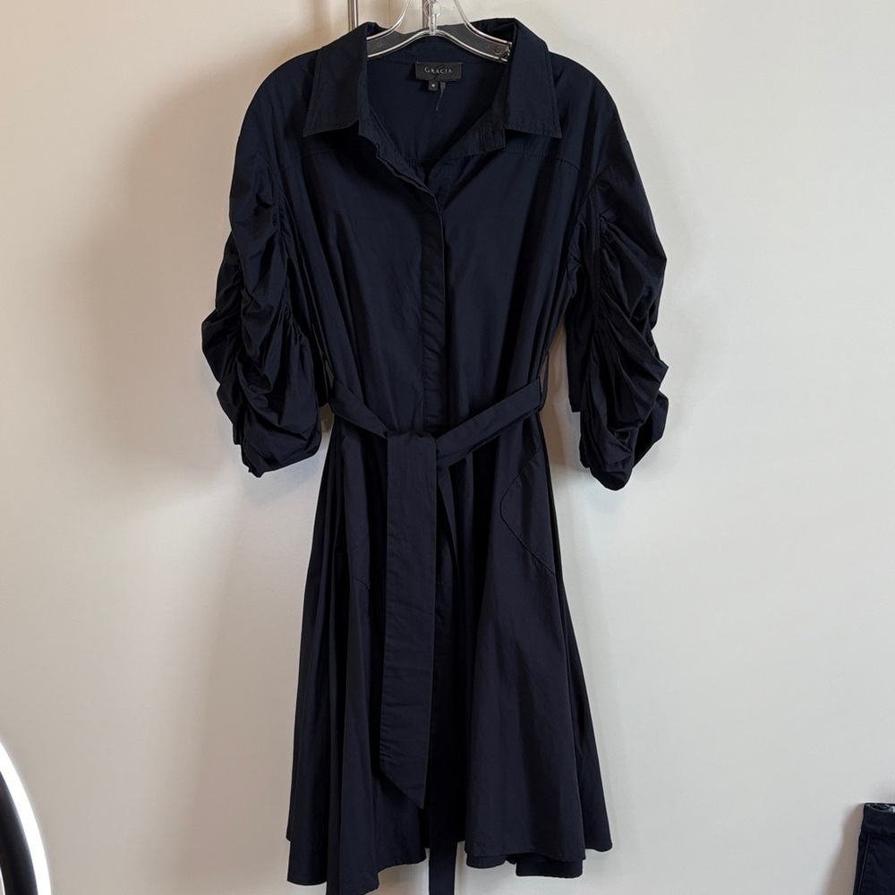 Rare! Gracia Navy Long Sleeve Midi Dress with Belt | M